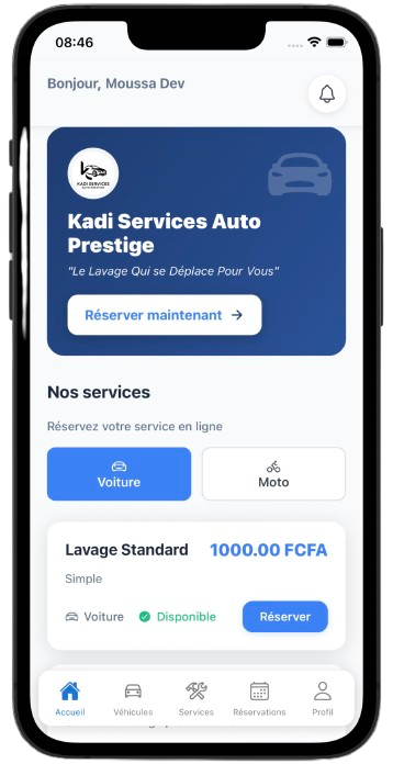 Application mobile Kadi Services Auto Prestige - Réservation lavage auto à domicile Bamako